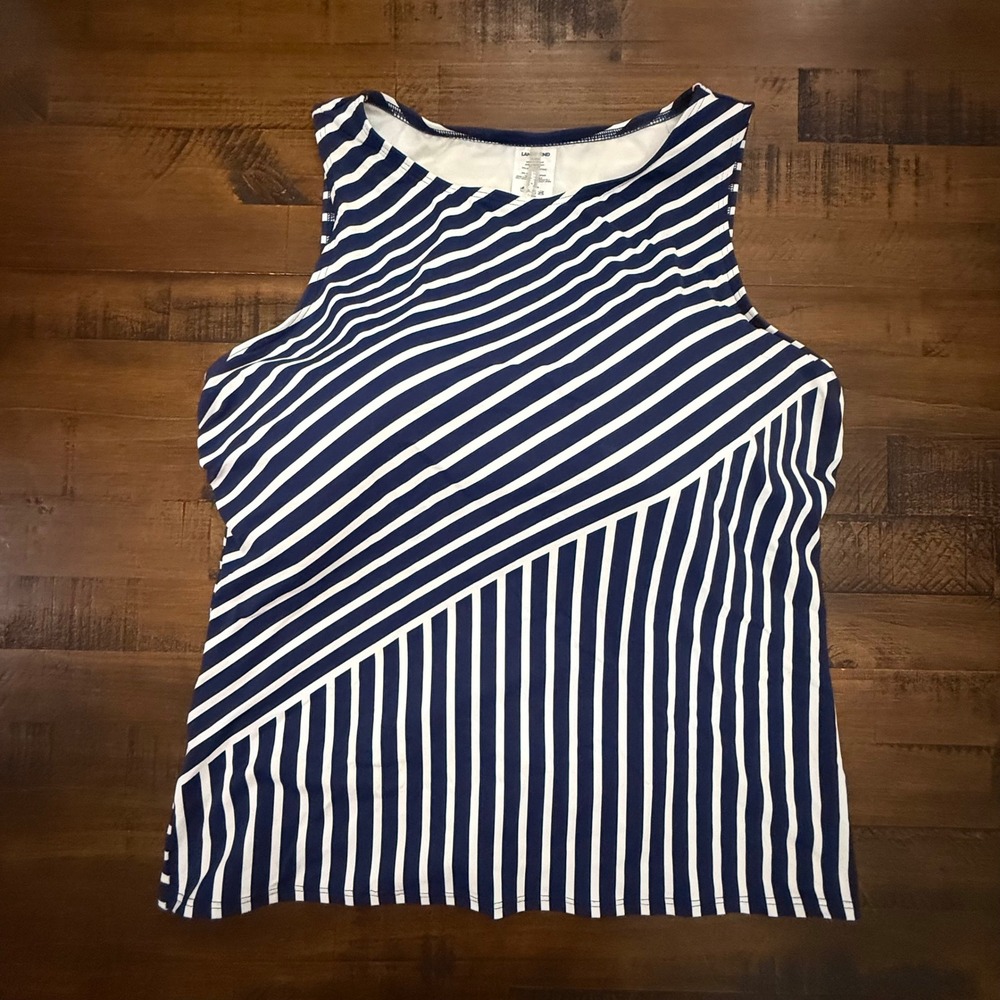 Lands' End Navy and White Striped Tank Swim Top